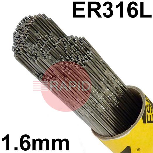 163016R150  Esab OK Tigrod 316L Stainless Steel Tig Wire, 1.6mm Diameter x 1000mm Cut Lengths - AWS A5.9 ER316L. 5.0kg Pack