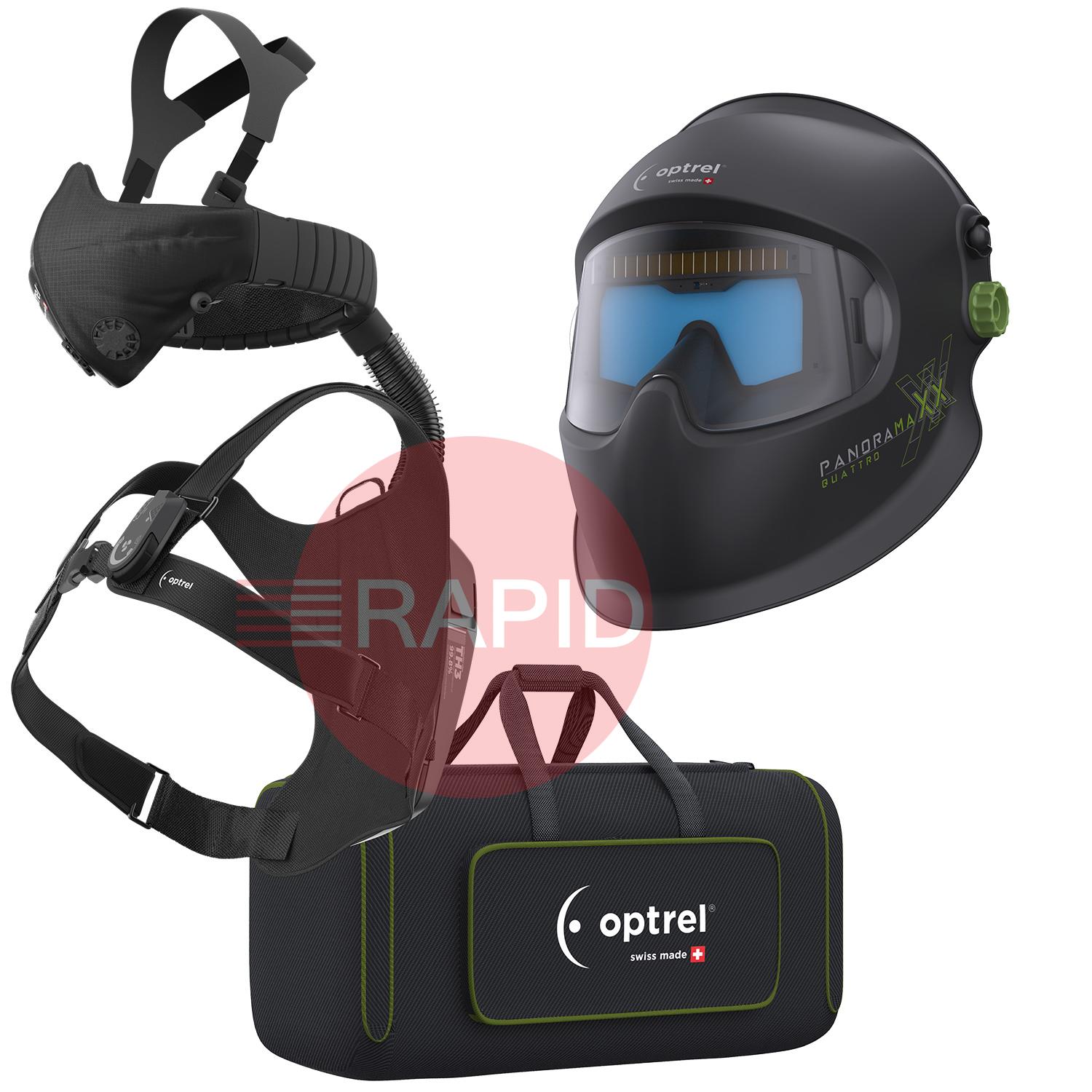 4600.020  Optrel Panoramaxx Quattro Welding Helmet & Swiss Air PAPR Air Fed Halfmask System, Ready To Weld Package