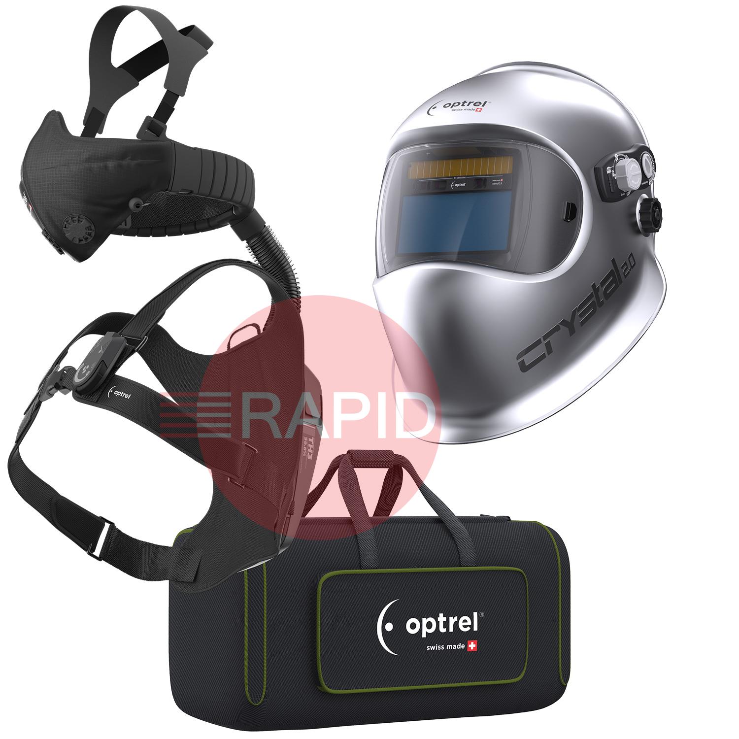 4600.040  Optrel Crystal 2.0 Silver Welding Helmet & Swiss Air PAPR Air Fed Halfmask System, Ready To Weld Package