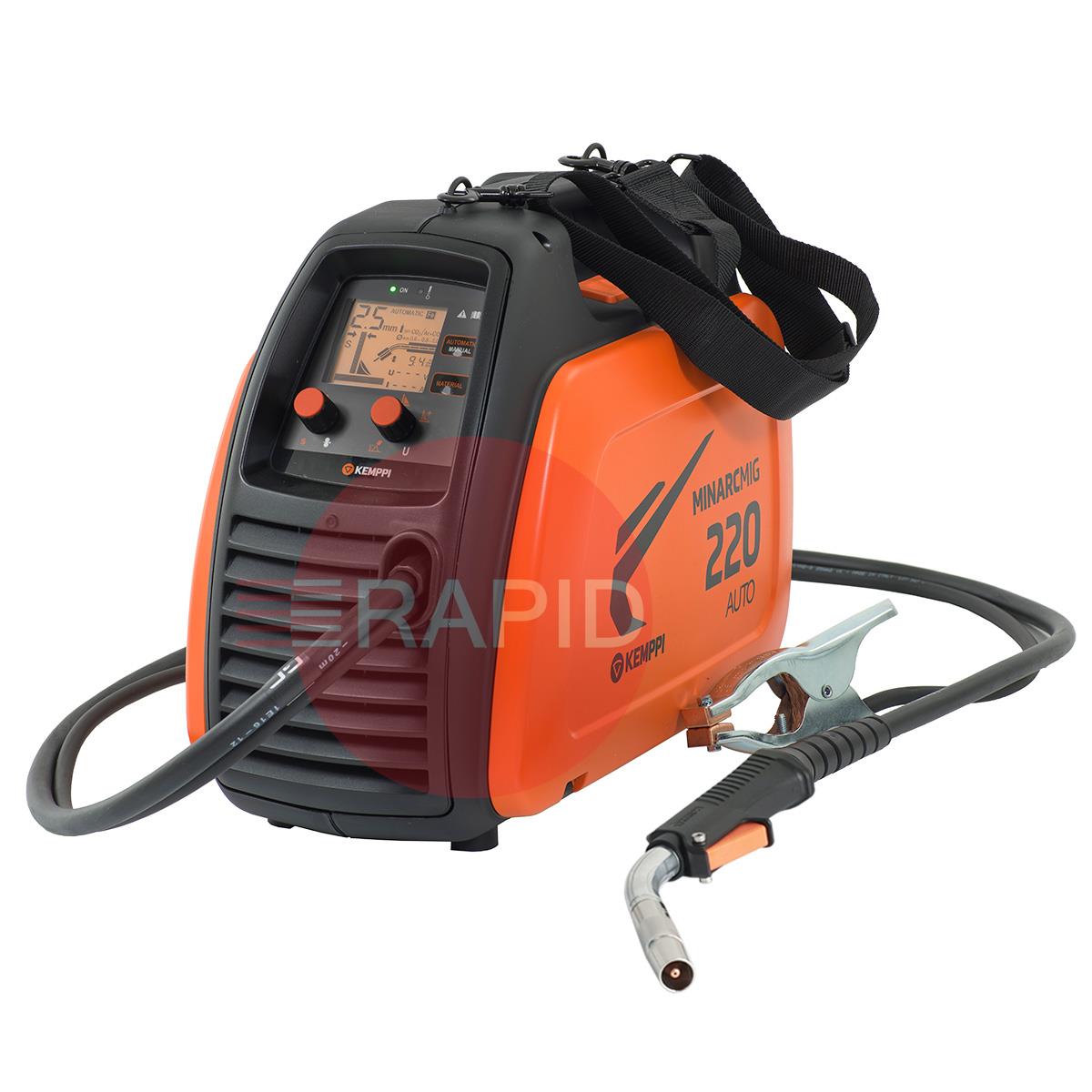 61008220  Kemppi MinarcMig 220 Auto MIG Package, 230v CE. Includes Fitted GC 223G MIG Torch, Earth & Gas Hose