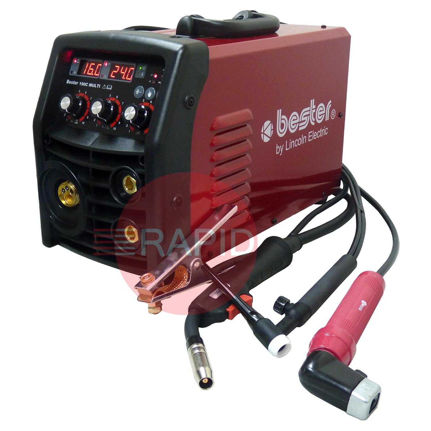 B18259-1MP  Lincoln Bester 190C Multi Process Inverter Welder Package, with MIG/TIG Torches & MMA Leads - 240v