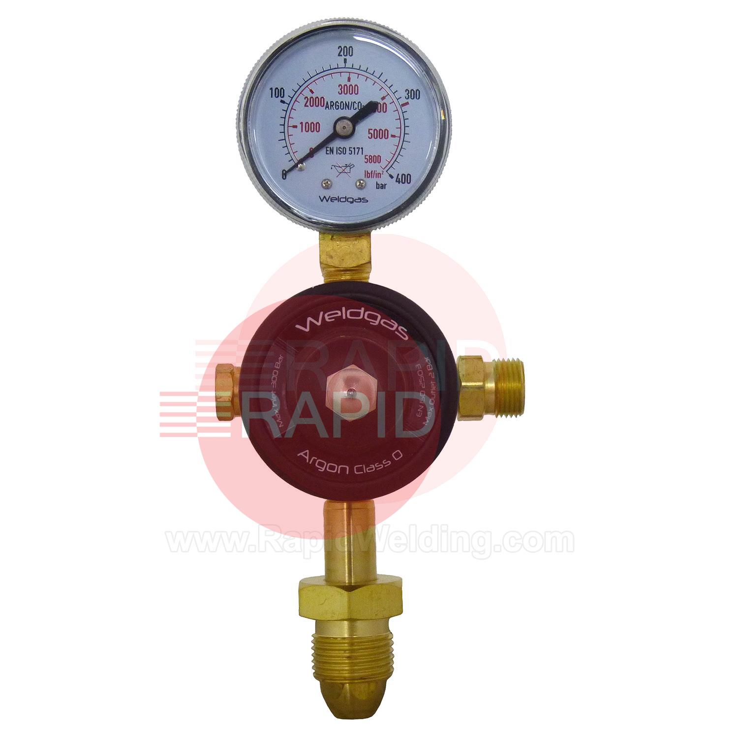 GAS0025  Weldgas Single Stage, 1 Gauge Preset Argon/CO2 Regulator, Bottom Entry, G5/8 RH Inlet G 3/8 Outlet, UK Fitting Only